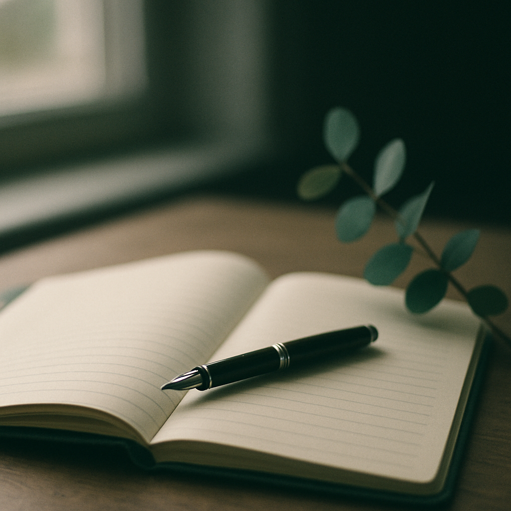 A clinician's desk with an open notebook and pen in soft daylight
