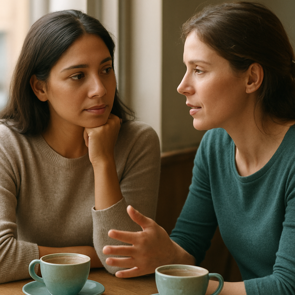 Two women having a warm, supportive conversation over coffee at a cafe table